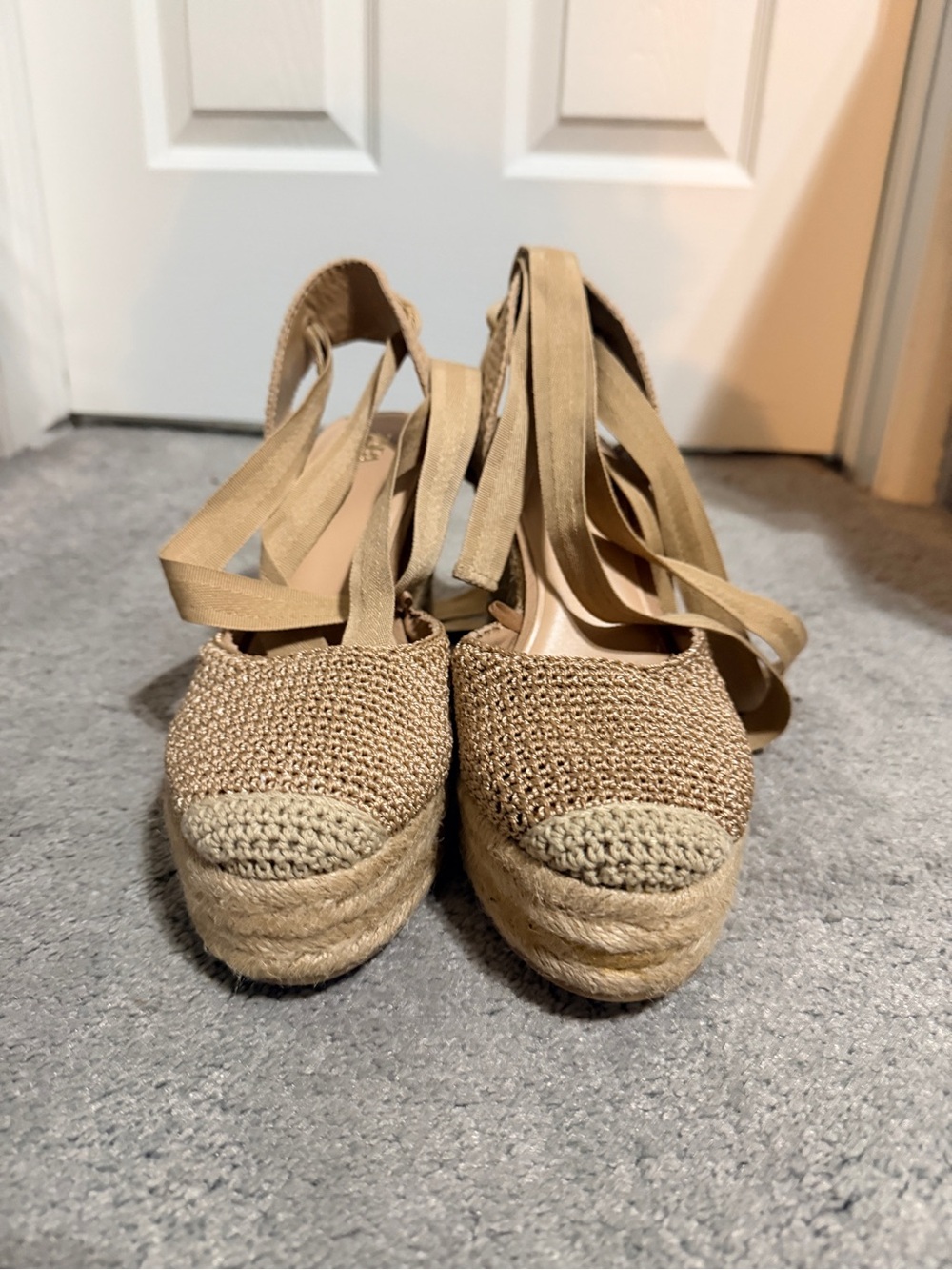 Zara Beige Woven Espadrille Wedge Sandals with Ankle Ties - Picture 2 of 4